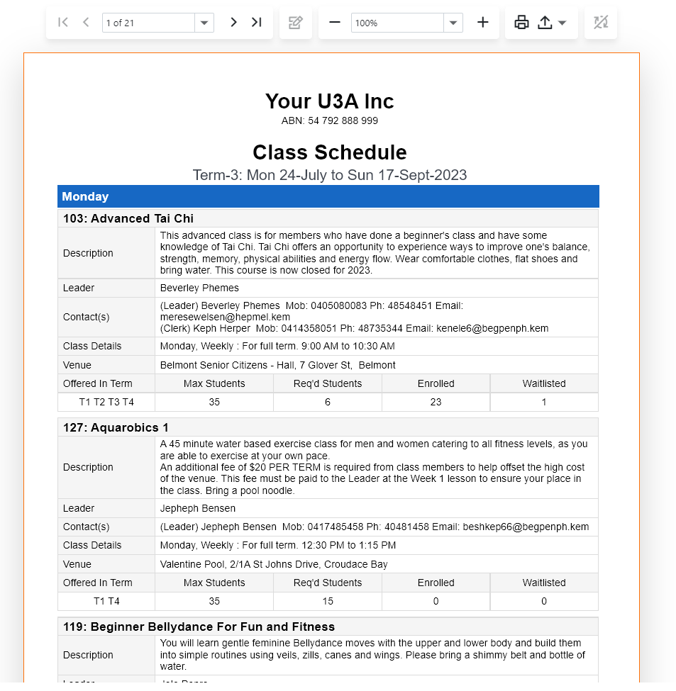 Class schedule report